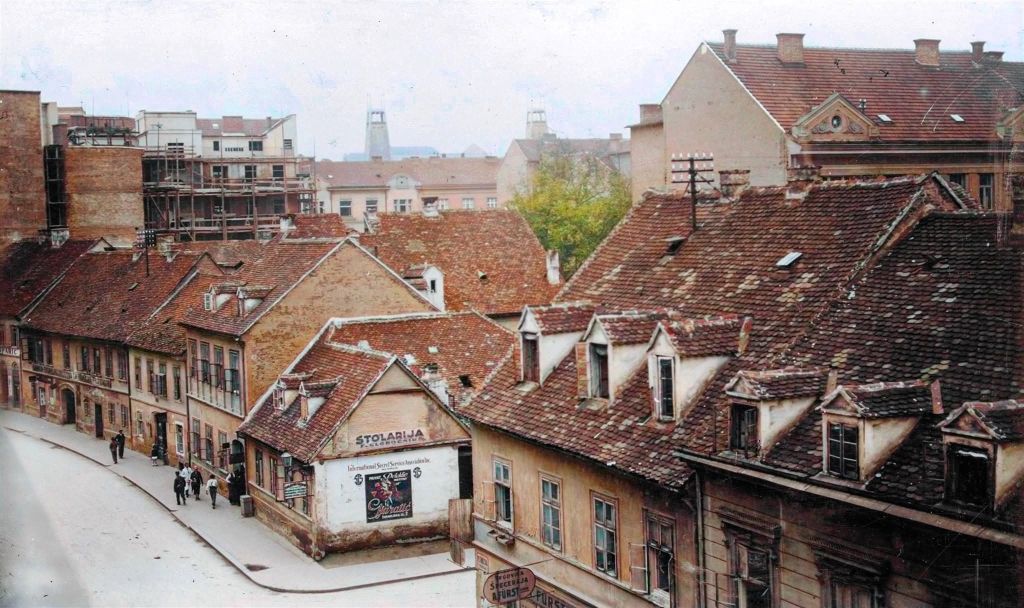 Petrinjska-Đorđićeva oko 1930. godine, kolorirana fotografija